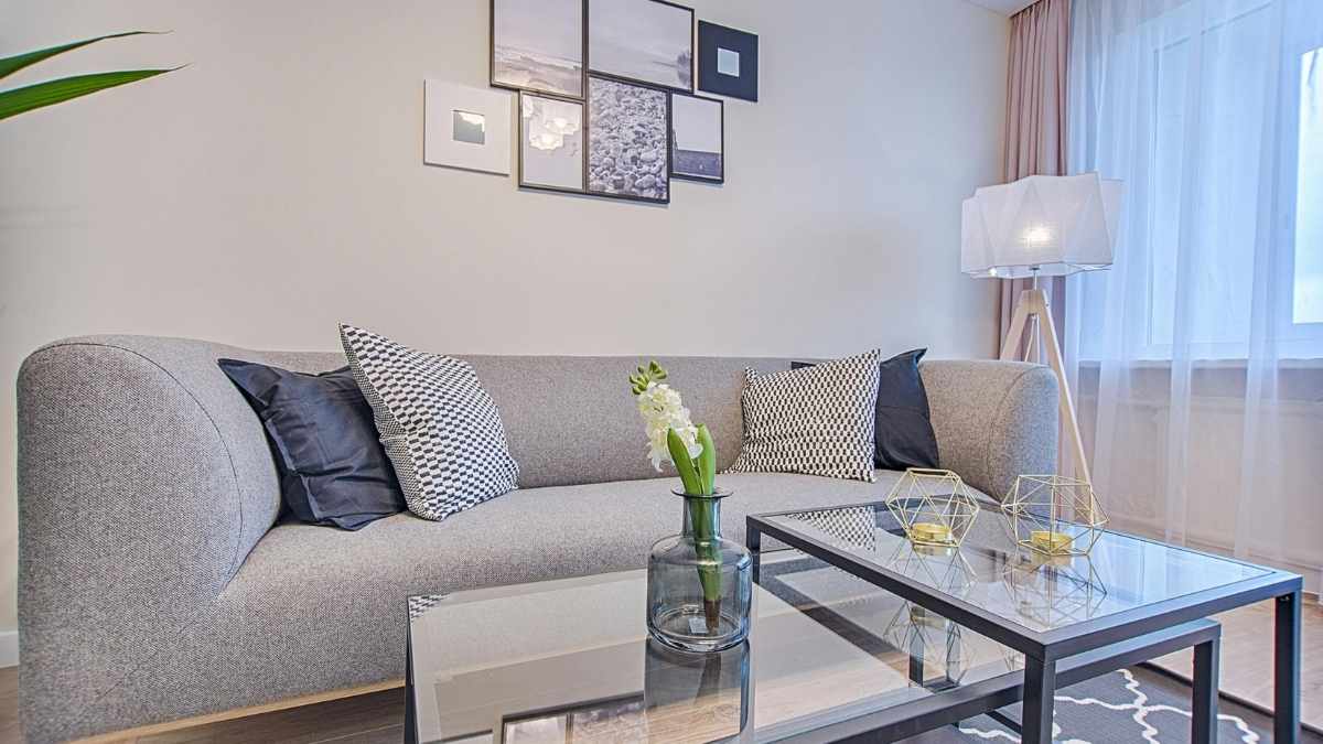 Gray sofa and glass coffee tables, a stylish living room furniture arrangement idea
