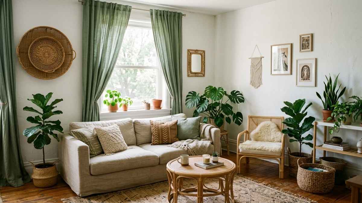 Sage green curtain colors for white walls in a boho-style bedroom with plants