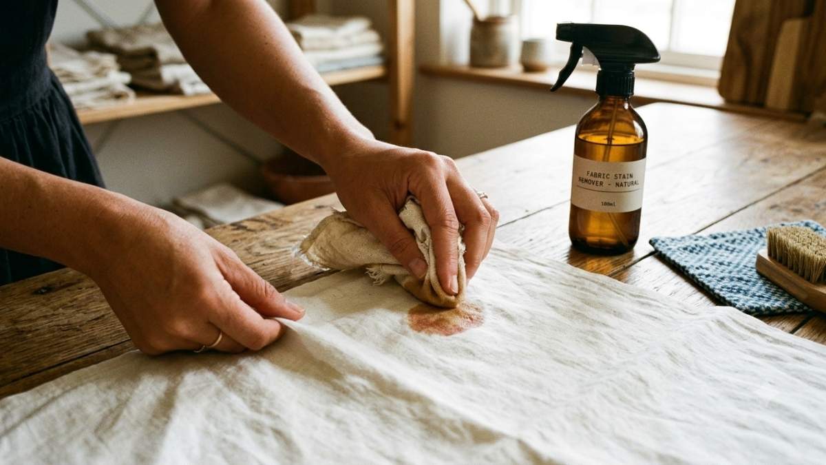 Blotting a fresh stain on white fabric with a cloth and cleaning spray