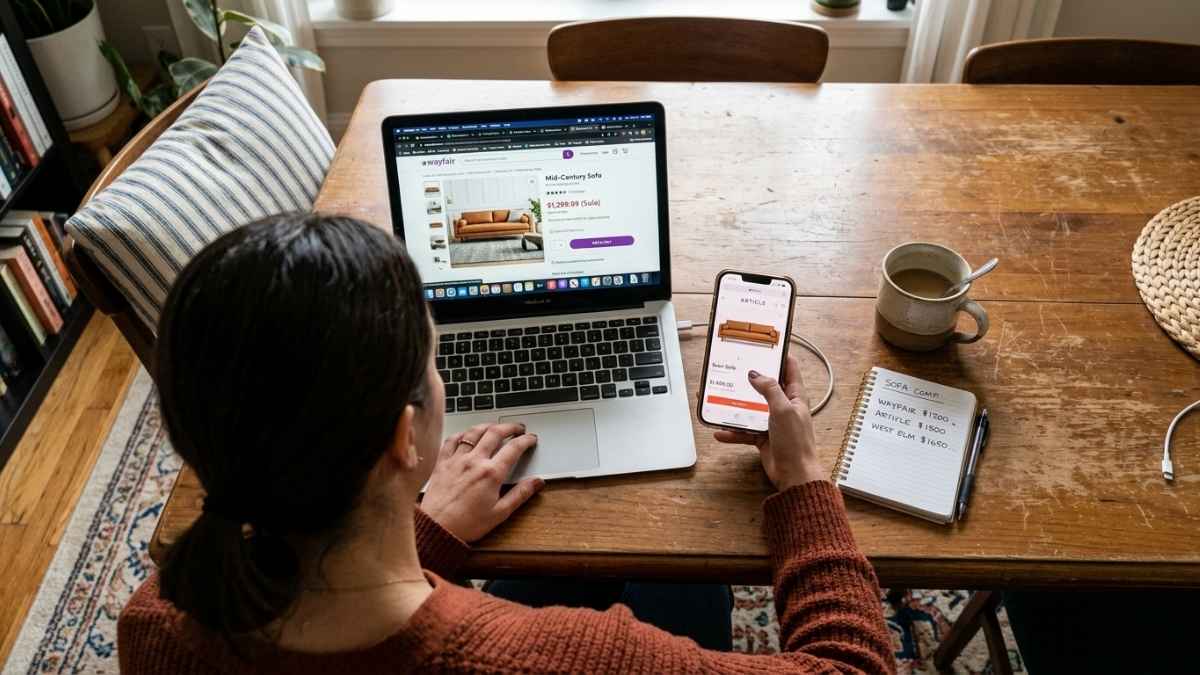 Person checking prices on a laptop while sitting at a desk