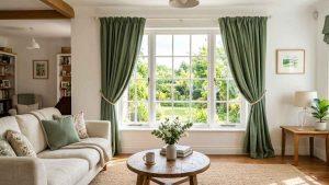 What Curtain Colors Best With White Walls: Curtain colors for white walls shown in a bright living room with navy blue drapes