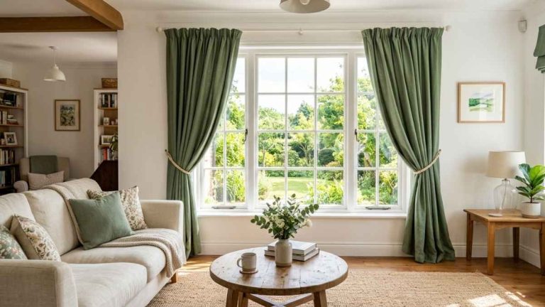 What Curtain Colors Best With White Walls: Curtain colors for white walls shown in a bright living room with navy blue drapes