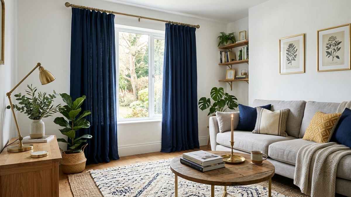 Navy blue curtain colors for white walls in an elegant bedroom