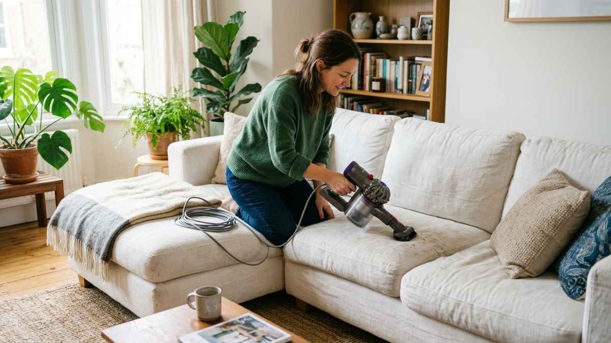 Close-up of a vacuum attachment cleaning sofa cushions, an easy step in regular maintenance.