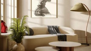 Cloud sofa trend shown in a bright, cozy modern living room