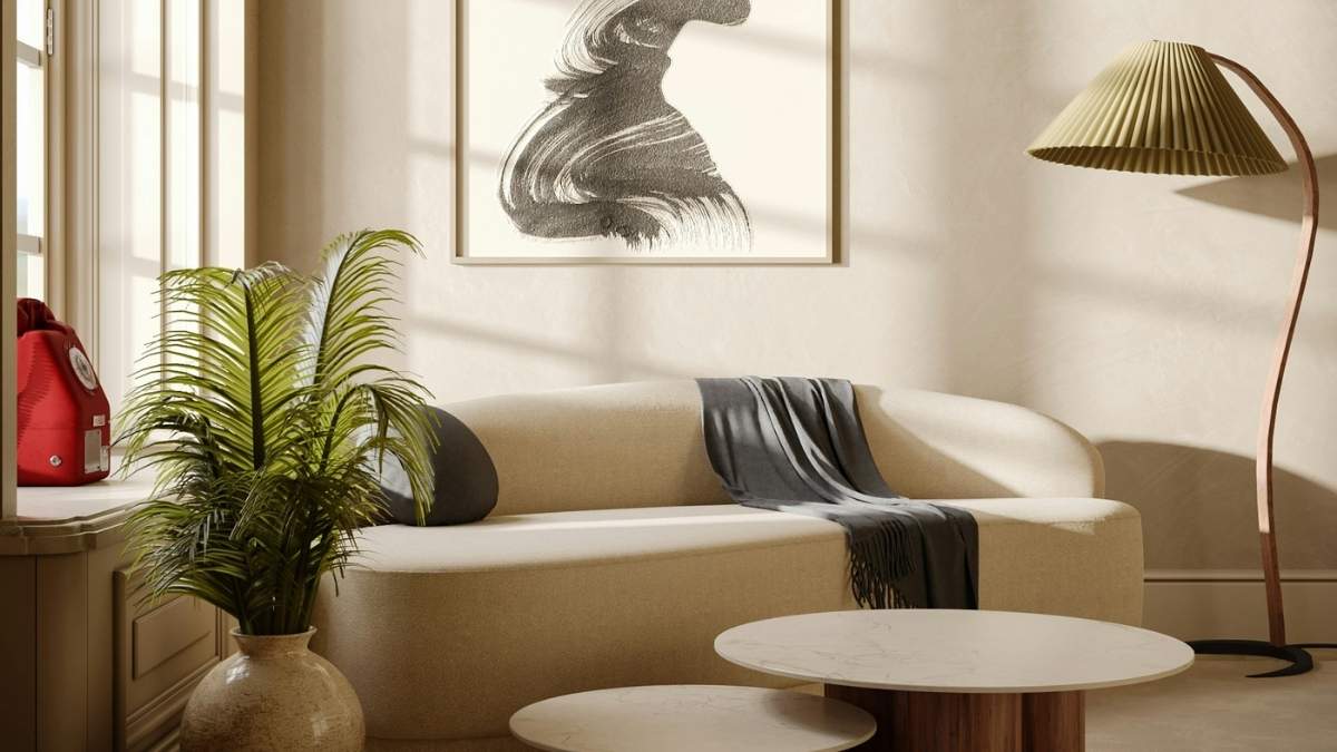 Cloud sofa trend shown in a bright, cozy modern living room