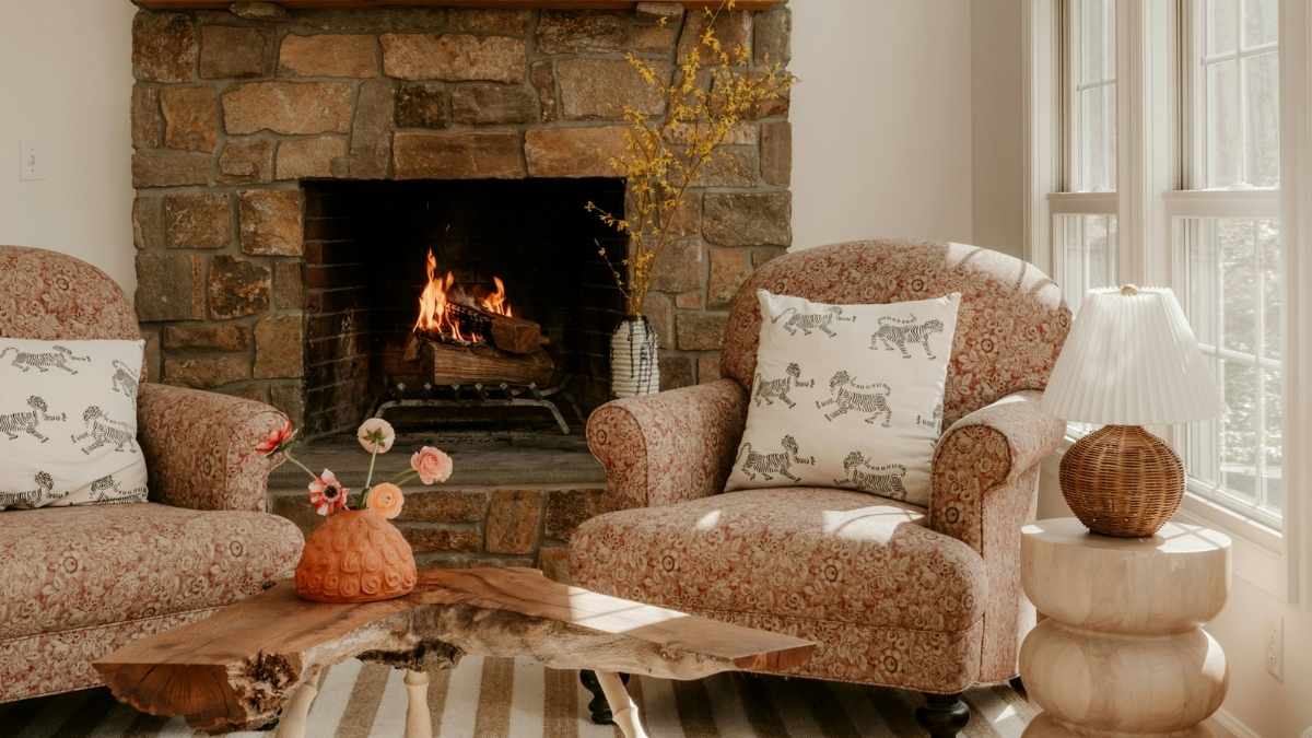 Rustic farmhouse living room featuring a live edge coffee table.