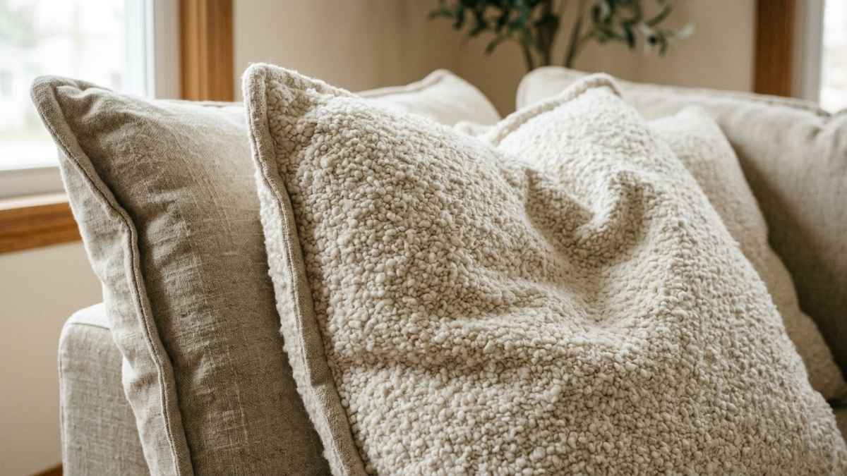 Close-up of plush bouclé fabric on a cloud sofa, part of the cloud sofa trend