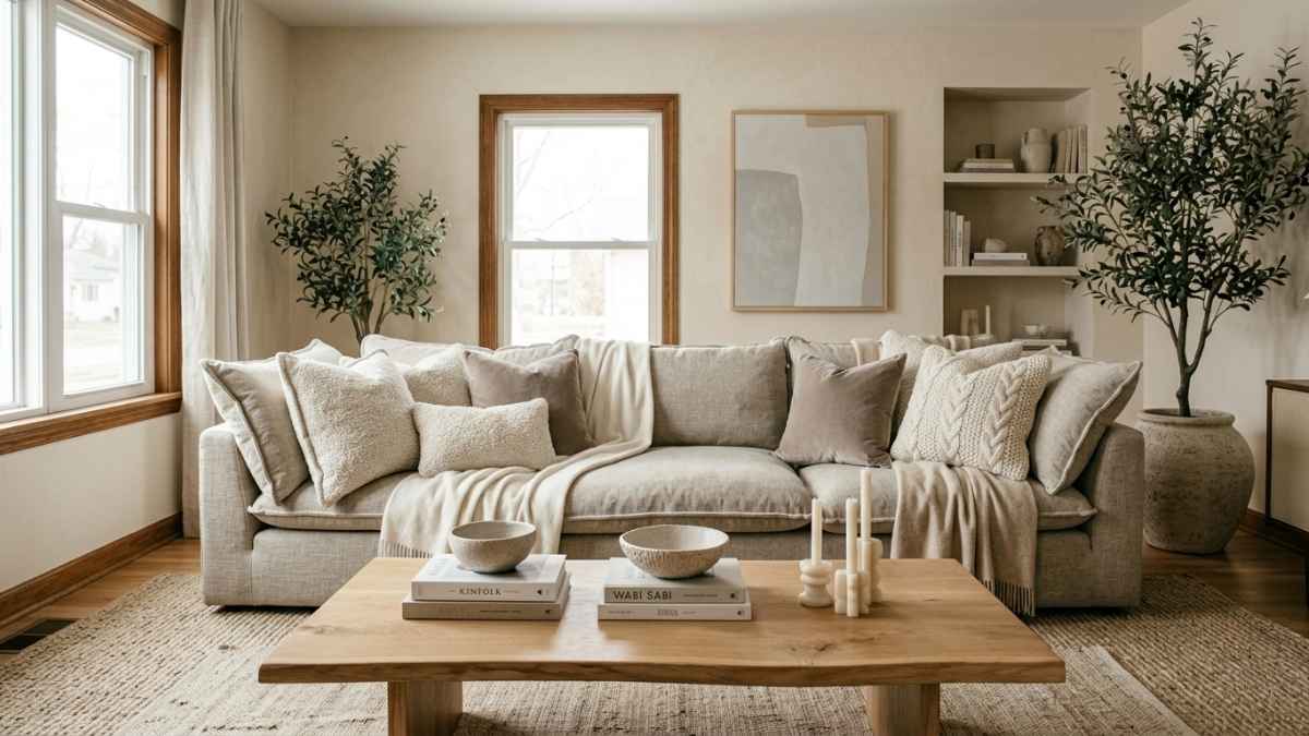 Neutral living room styled around a cloud sofa, a popular cloud sofa trend look