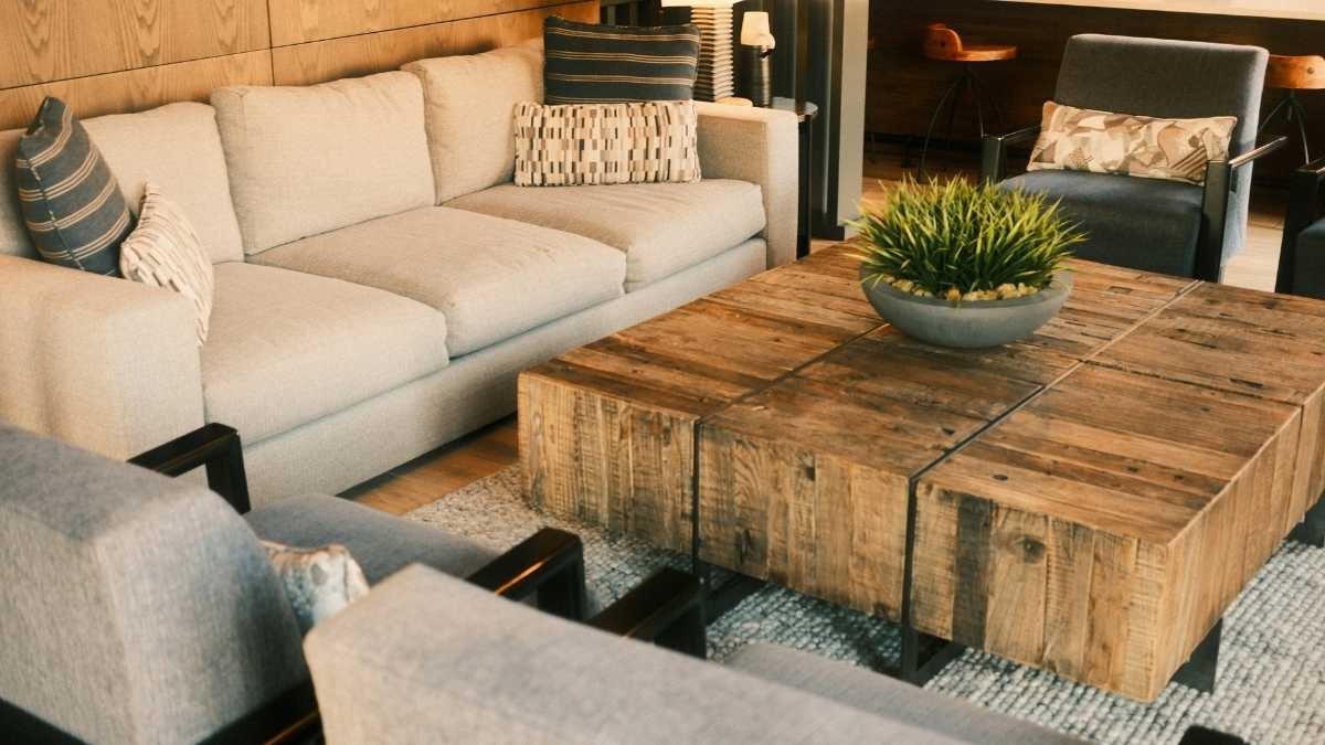 Budget-friendly deep-seated styled with layered throw pillows