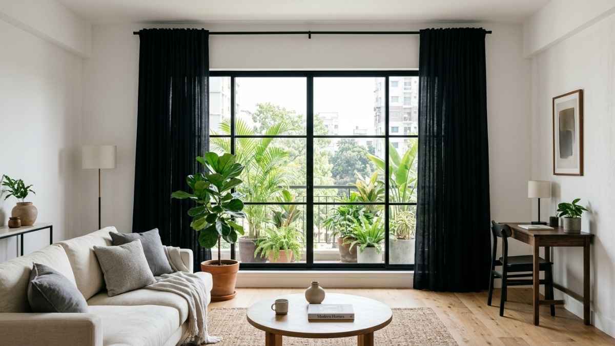 Bold black window drapes in a minimalist white-walled living room