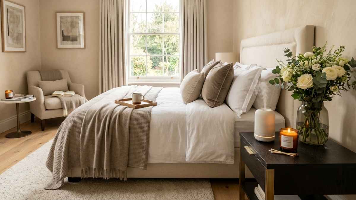 Home smell like a hotel with candles and diffuser in a cozy living room
