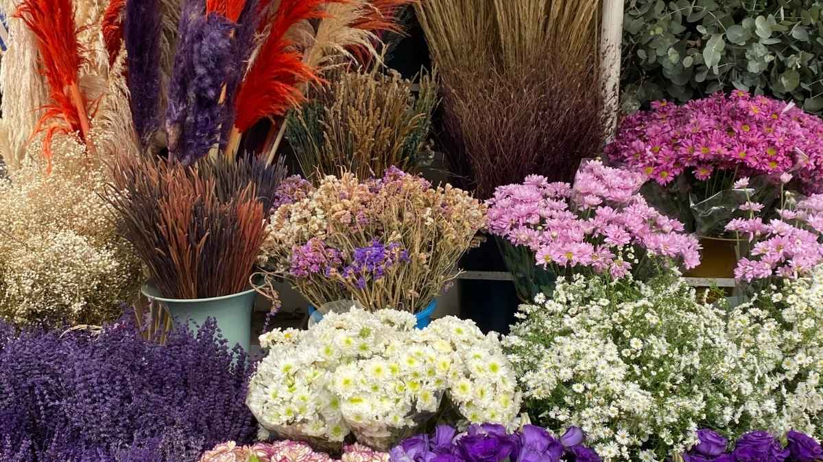 Market stall showing some of the best dried flowers for wreath making, including pampas grass and lavender