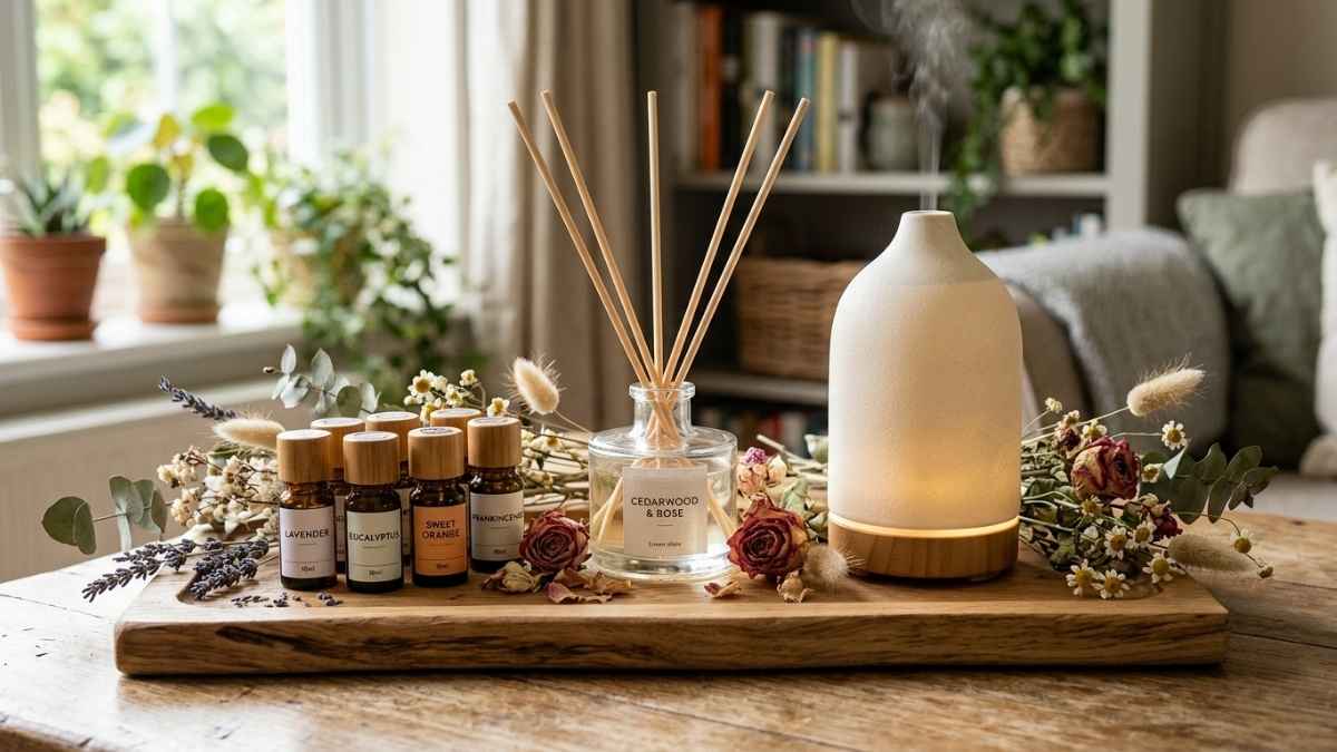 Essential oil diffuser and reed diffuser on a wooden tray