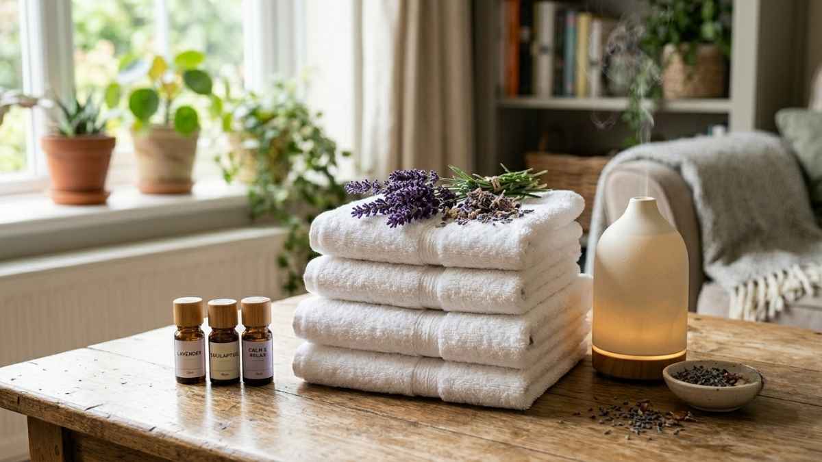 Fresh white hotel-style towels and bedding with lavender