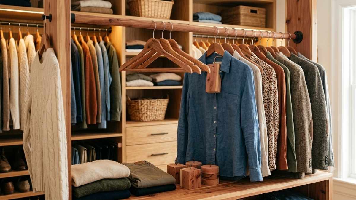 Cedar wood blocks placed among hanging clothes in a closet, a natural and long-lasting way to remove musty smell and keep clothes fresh.