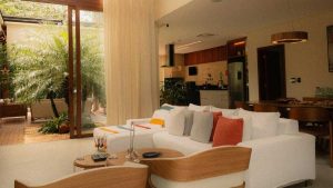 Open-concept living room furniture arrangement