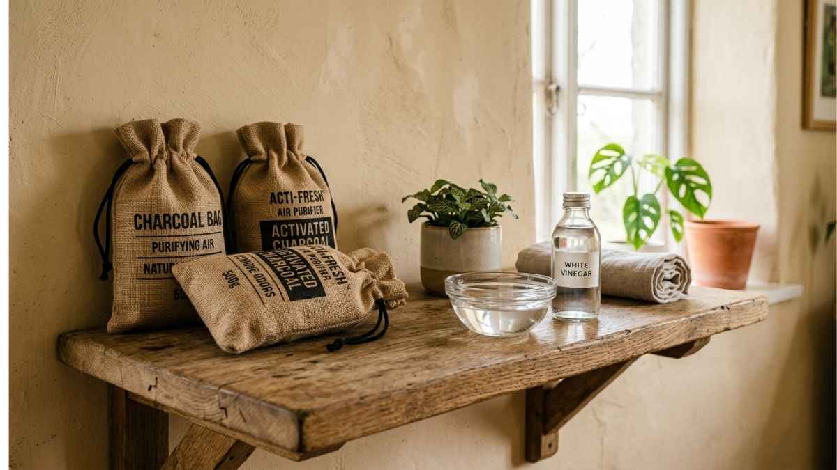 Activated charcoal bags on a shelf to remove musty smell from a closet