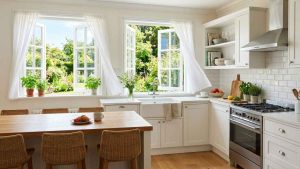 Burnt smell in house cleared with open windows in a bright kitchen