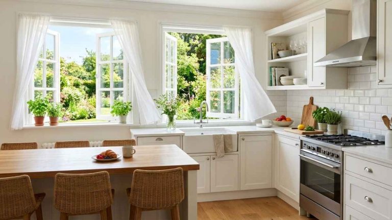 Burnt smell in house cleared with open windows in a bright kitchen