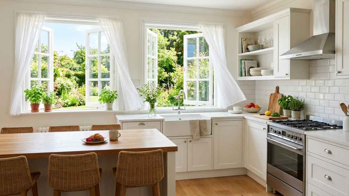 Burnt smell in house cleared with open windows in a bright kitchen