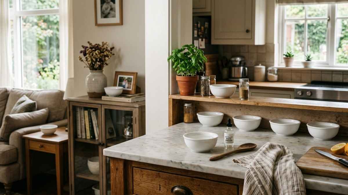 Small bowls of white vinegar on counter to remove burnt smell in house