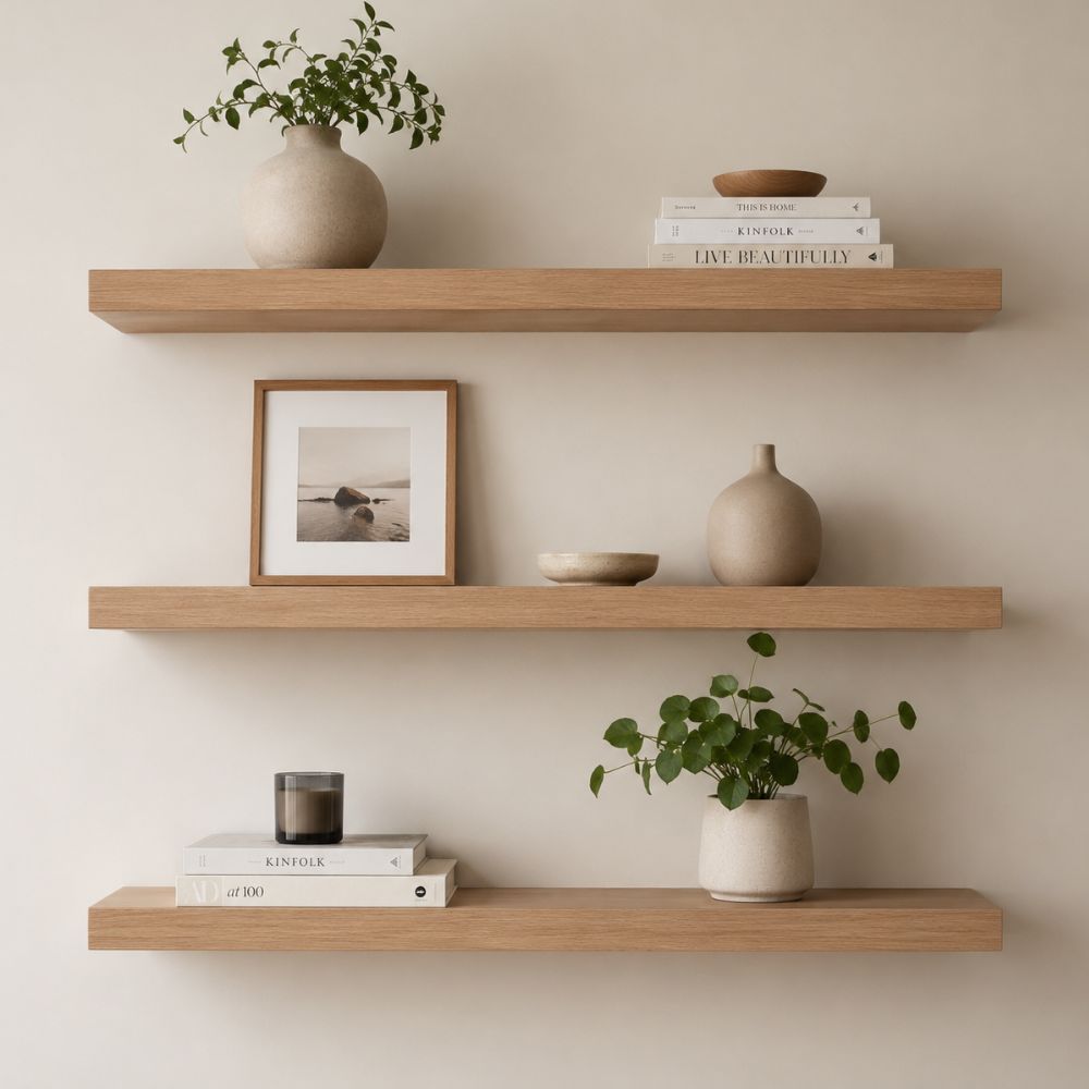 minimalistic three-tier light-wood floating shelve