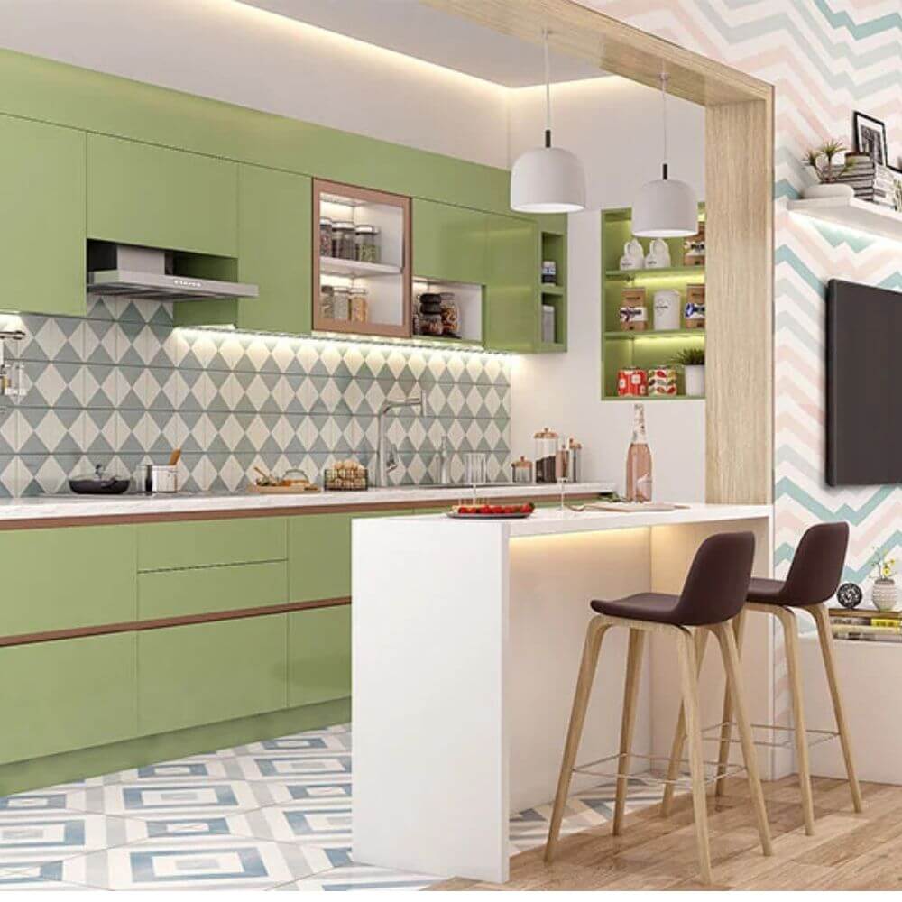 Modern kitchen ideas with vibrant olive green cabinets