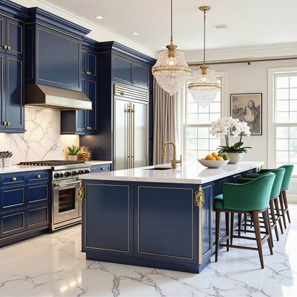 Modern luxury kitchen decor featuring sleek dark blue cabinets