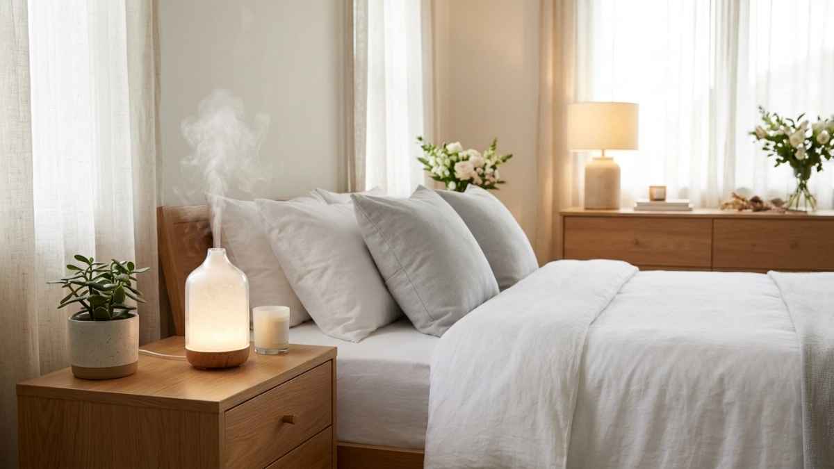 bedroom nightstand creating a calm fresh atmosphere