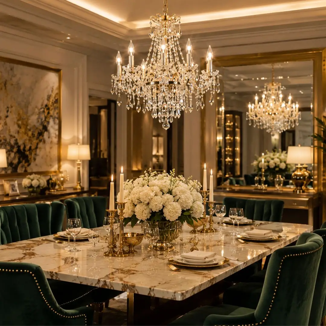 Elegant crystal chandelier lighting for a luxurious dining room interior