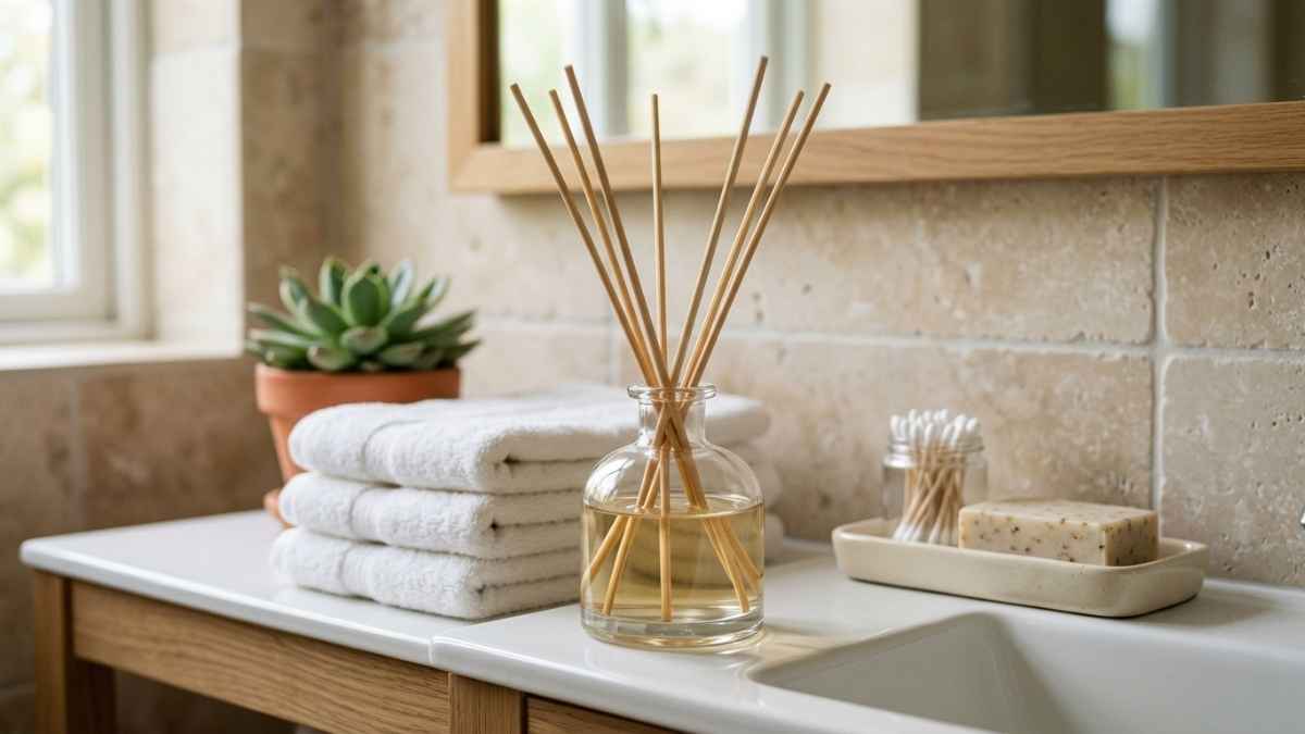Reed diffuser with rattan sticks on a bathroom shelf as a home scent option