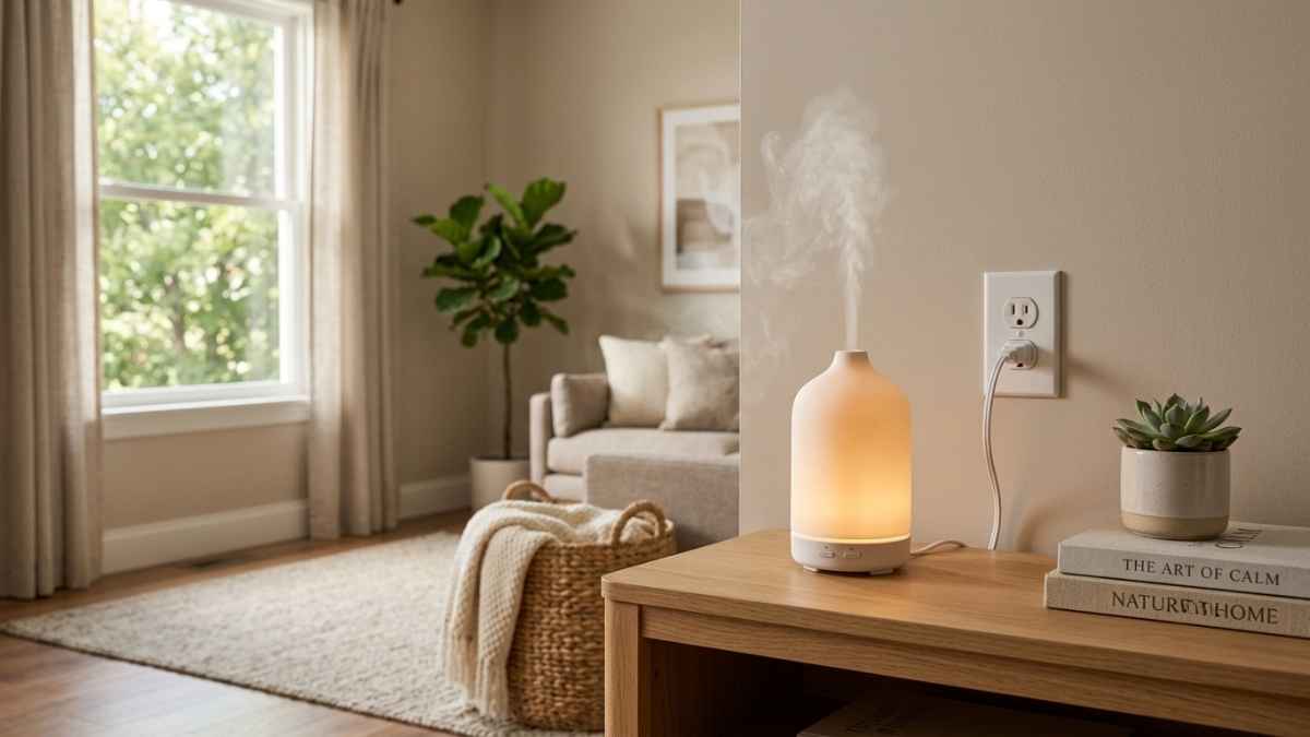 Smart ultrasonic scent diffuser glowing softly in a modern living room