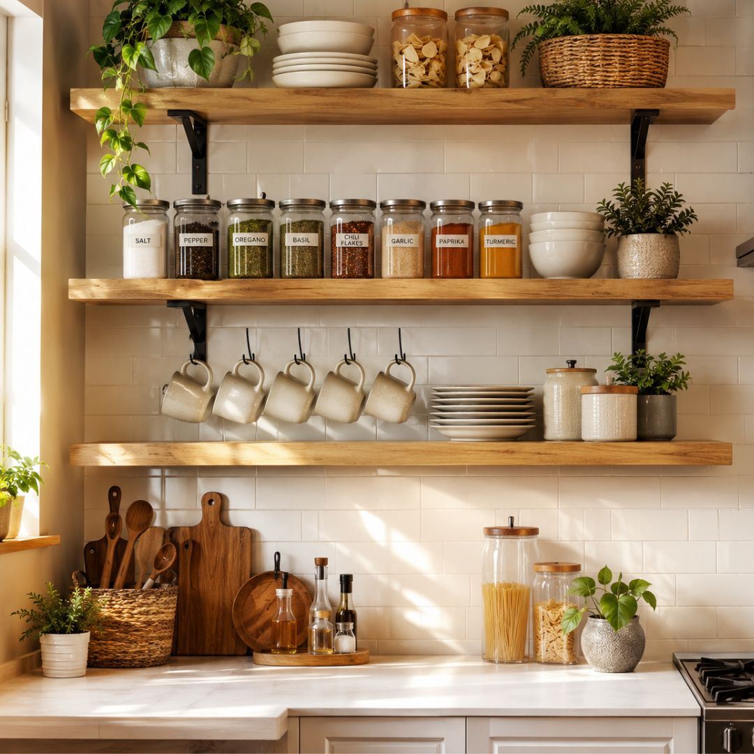  Modern wall attached shelf designs for kitchen with floating wooden shelves and organized storage. 