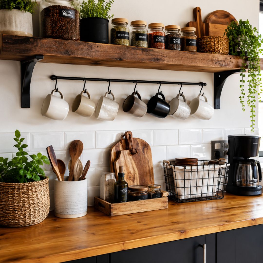 DIY wall attached kitchen shelf with reclaimed wood, coffee station, and spice storage. 