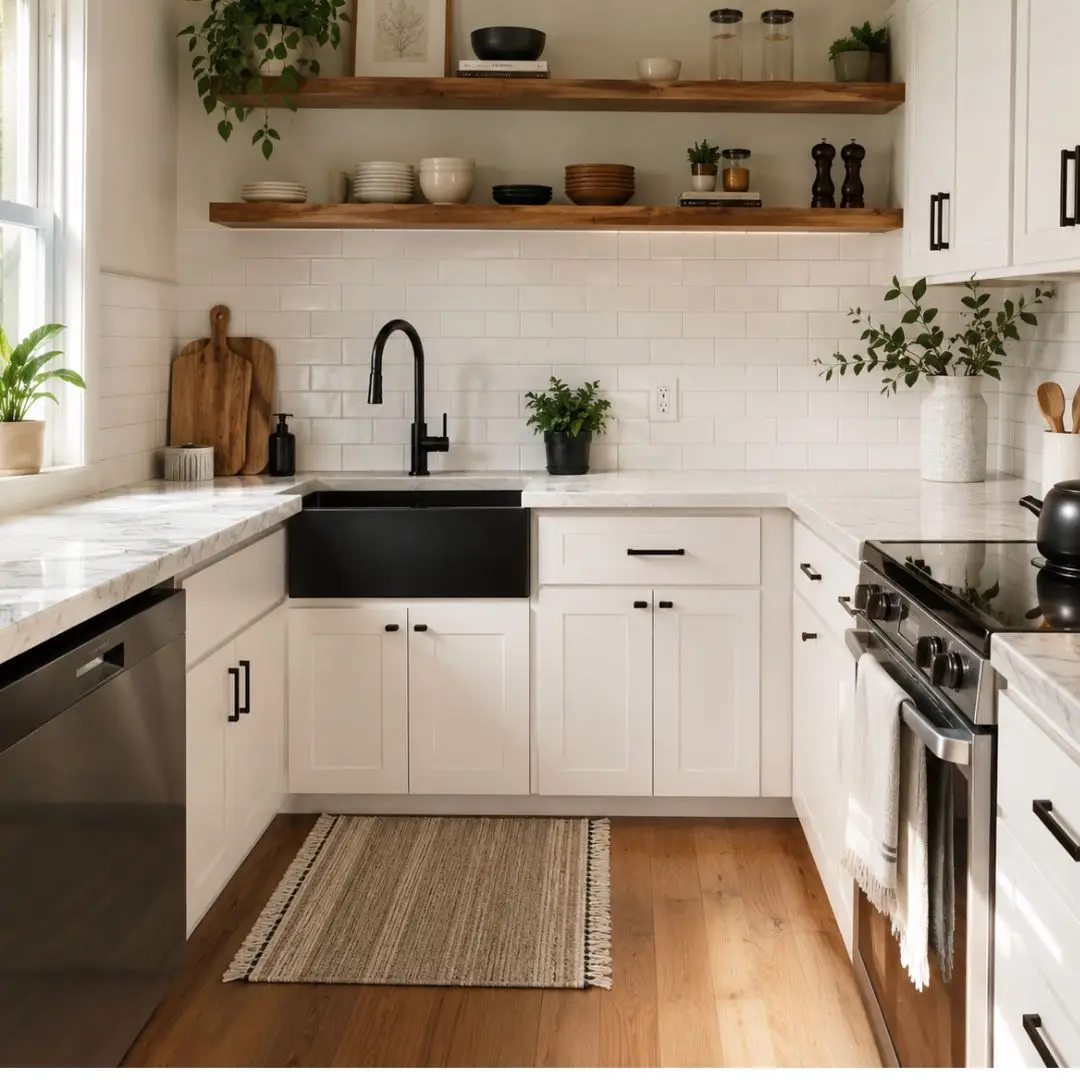 Cozy modern kitchen design with wooden shelves and stylish lighting fixtures